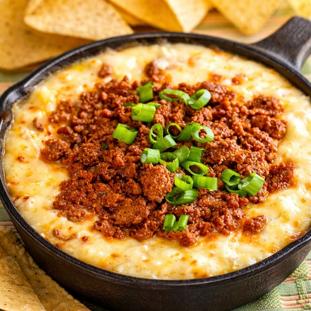 Creamy Chorizo Queso Dip served in a bowl with tortilla chips for dipping.