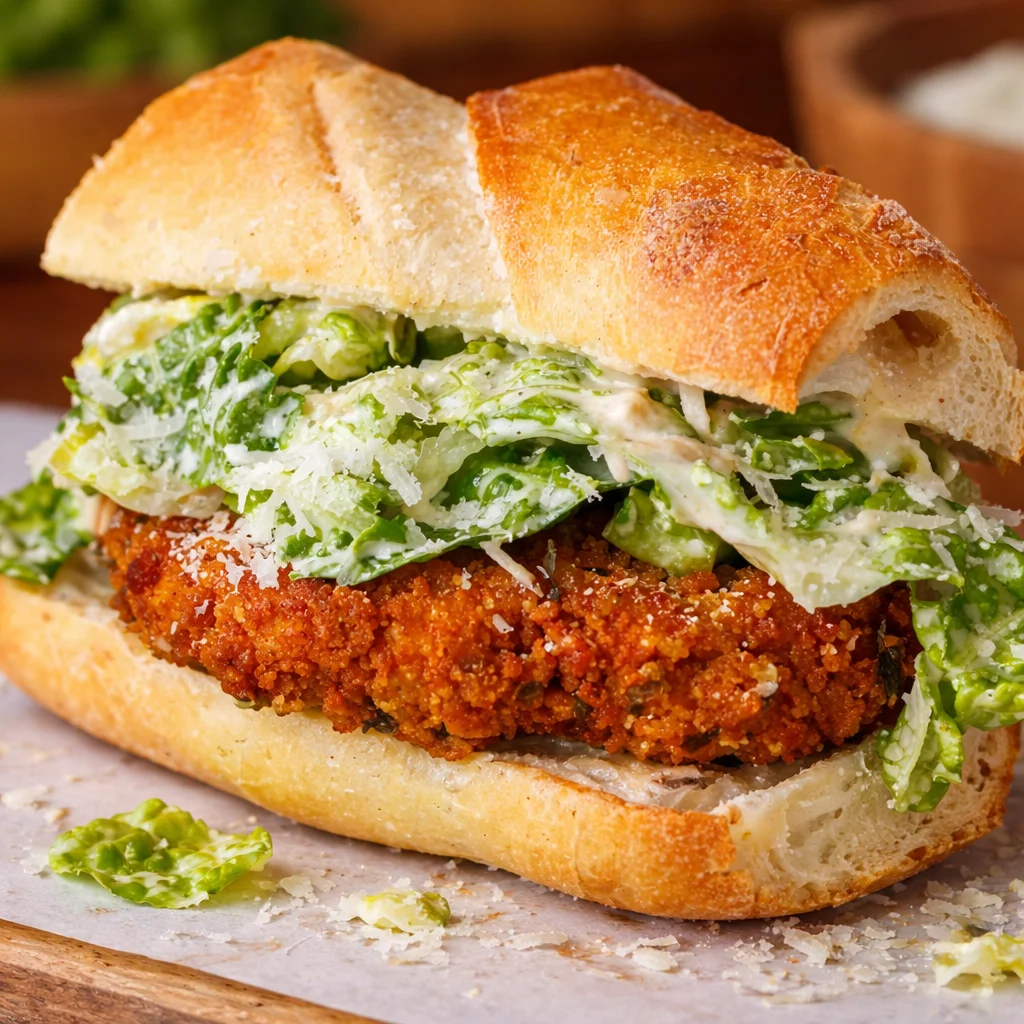 Crispy Chicken Caesar Sandwich with golden chicken, Caesar dressing, and crispy romaine.