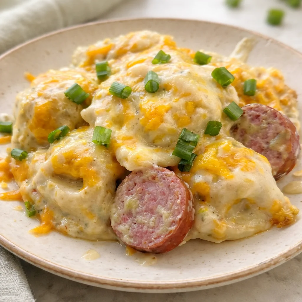 Delicious Crockpot Pierogi Casserole with kielbasa and cheese, easy to make.
