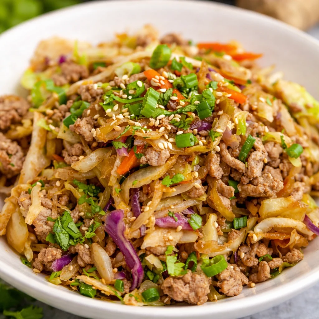 Delicious EGG ROLL IN A BOWL with ground meat and shredded vegetables in a skillet.