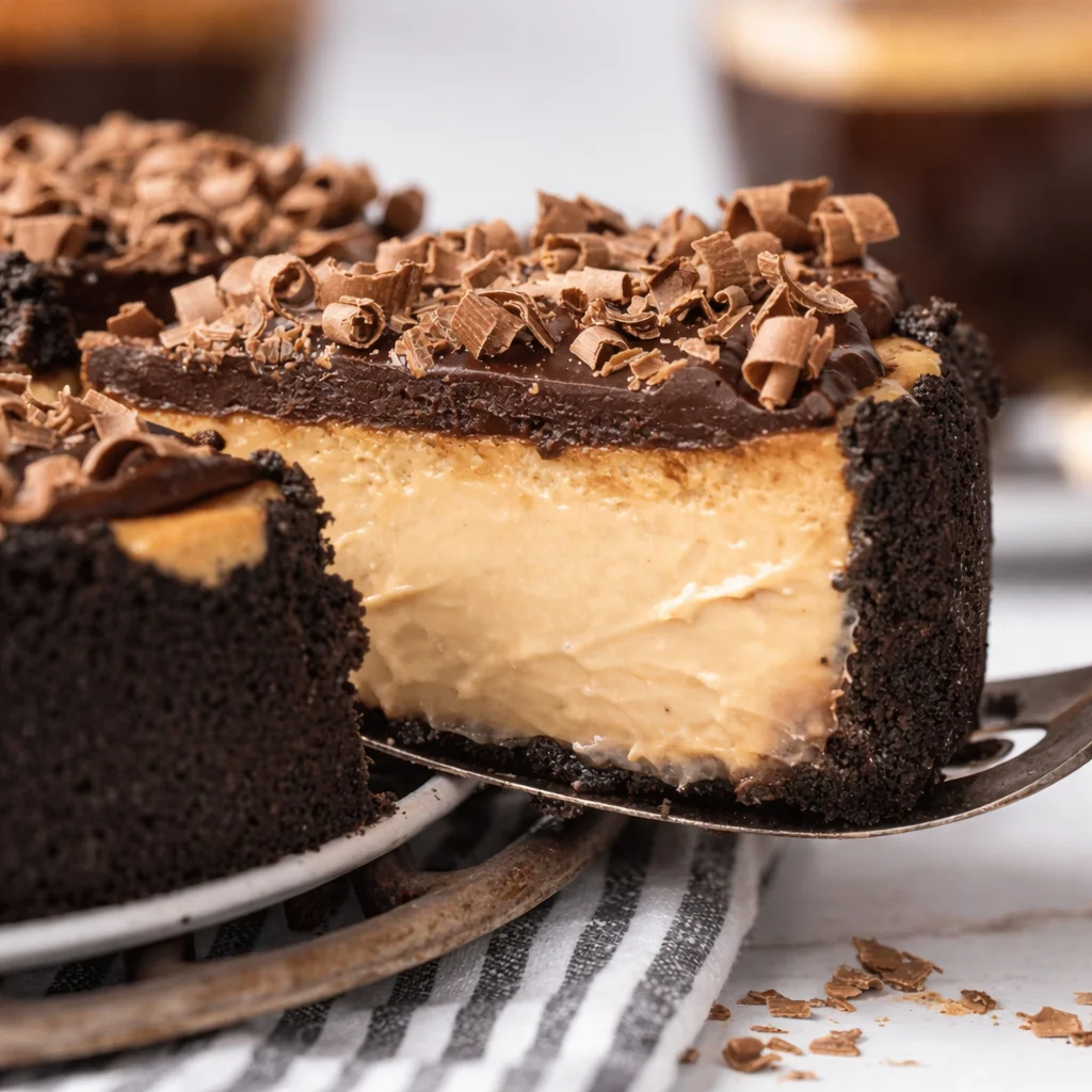 Decadent Espresso Cheesecake with chocolate ganache and Oreo crust.