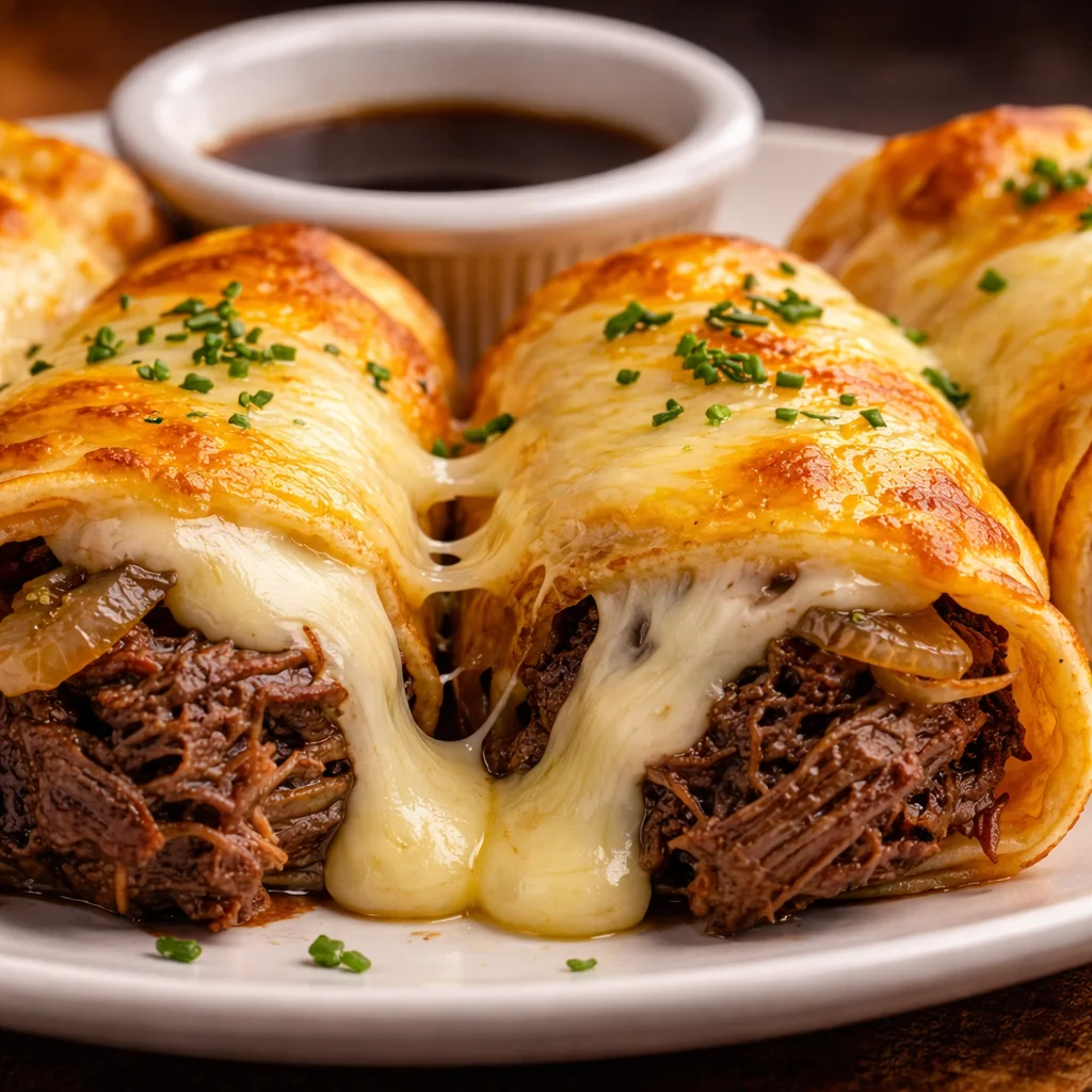 Delicious French Dip Tortilla Roll Ups with beef and cheese, perfect for dipping in au jus.