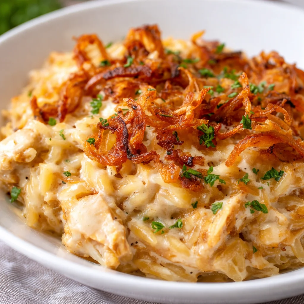 Creamy French Onion Chicken Orzo Casserole topped with golden crispy onions
