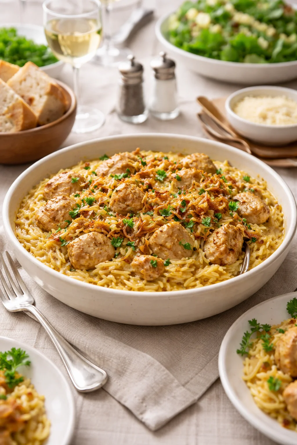 French Onion Chicken Orzo Casserole