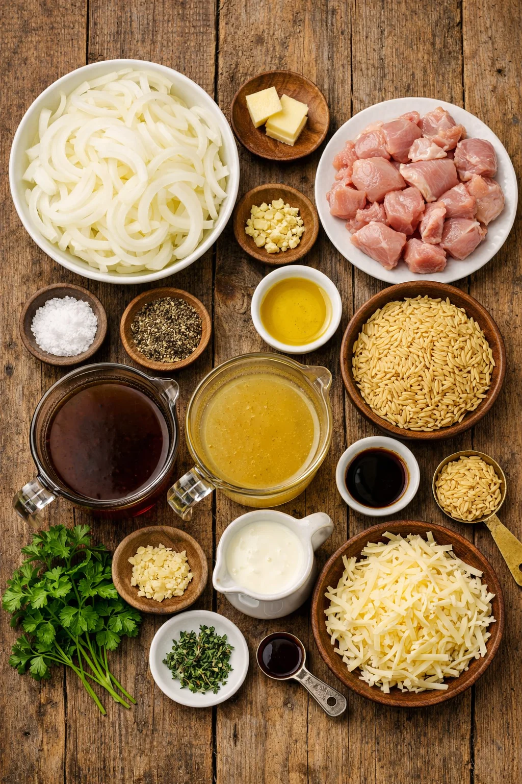 French Onion Chicken Orzo Casserole