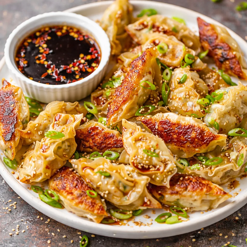 Delicious Garlic Ginger Chicken Potstickers filled with chicken and fresh herbs.