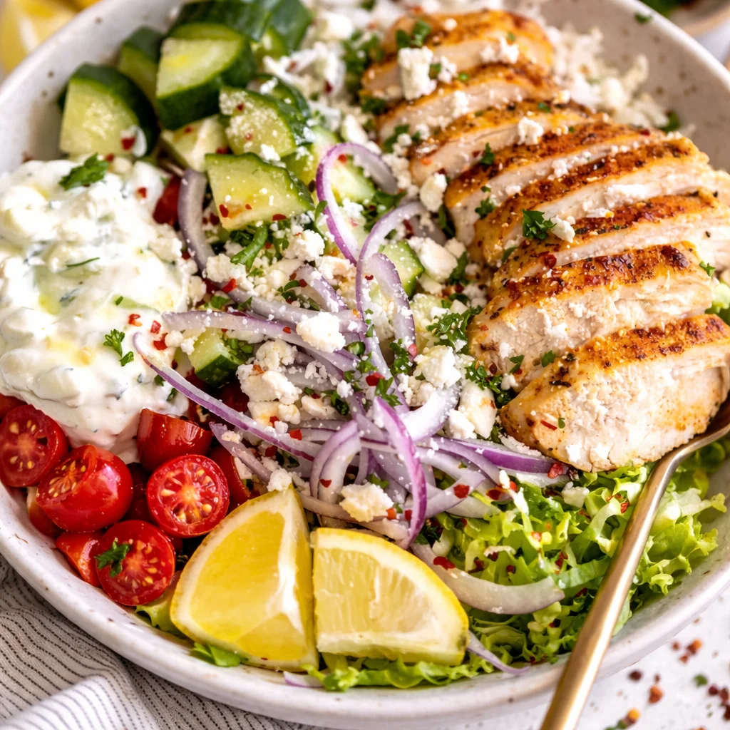 Healthy and flavorful Greek Chicken Bowls with veggies, chicken, and tzatziki.