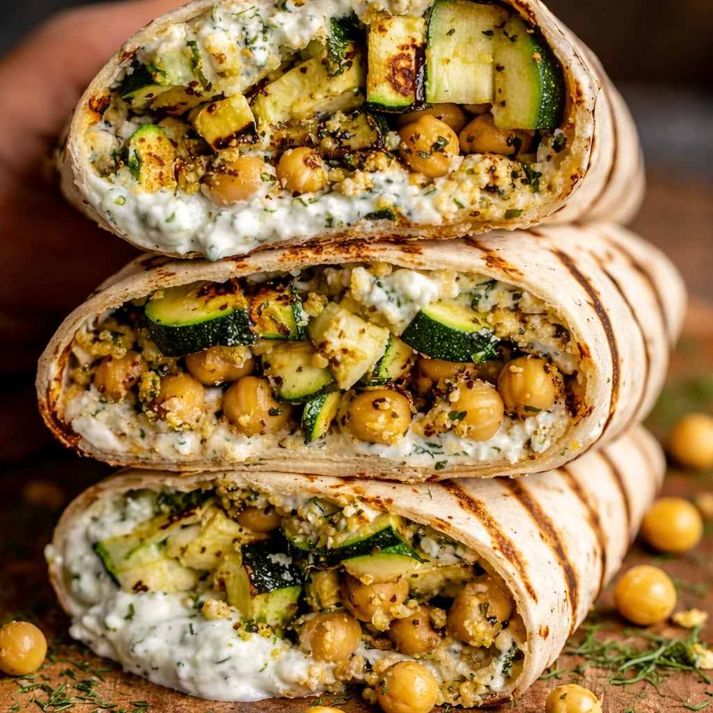 Grilled Zucchini and Feta Chickpea Wrap with Herbed Yogurt on a plate.