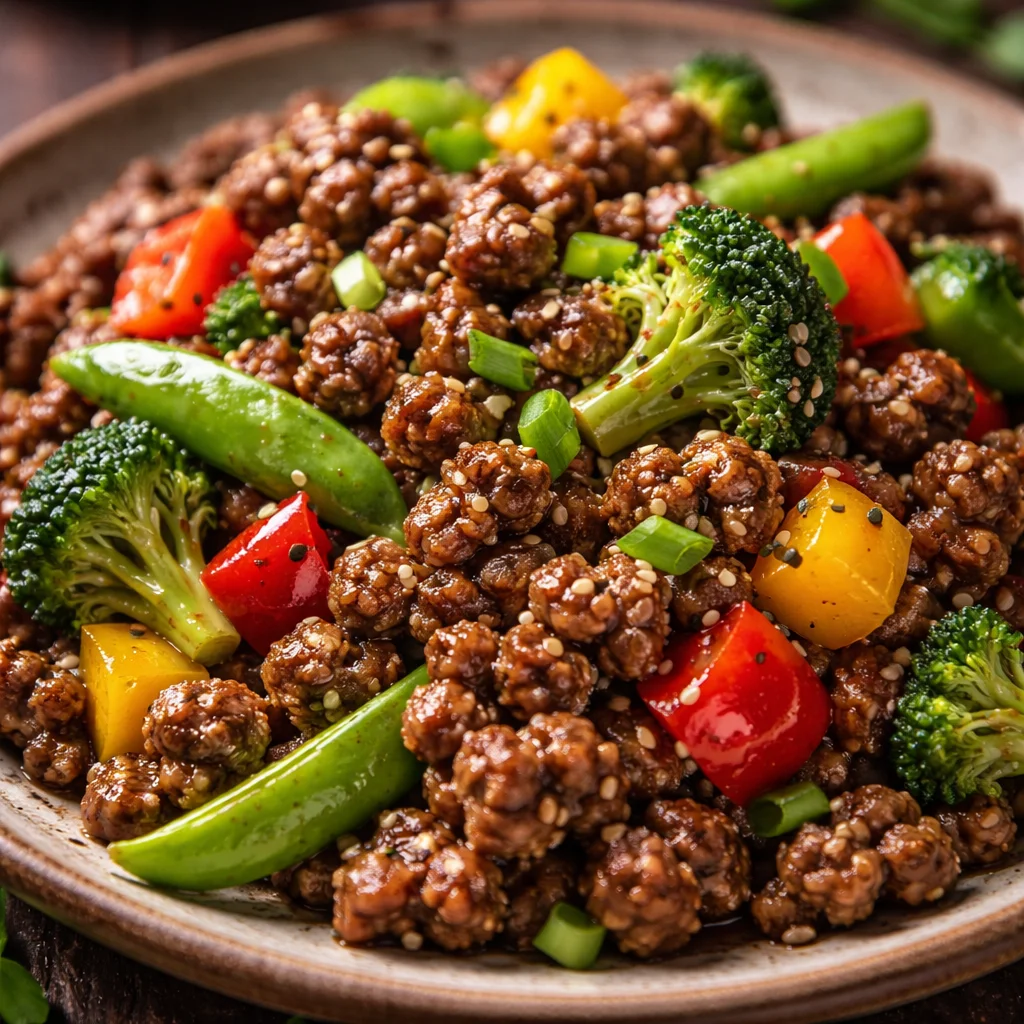 Delicious ground beef stir fry with fresh vegetables and savory sauce.