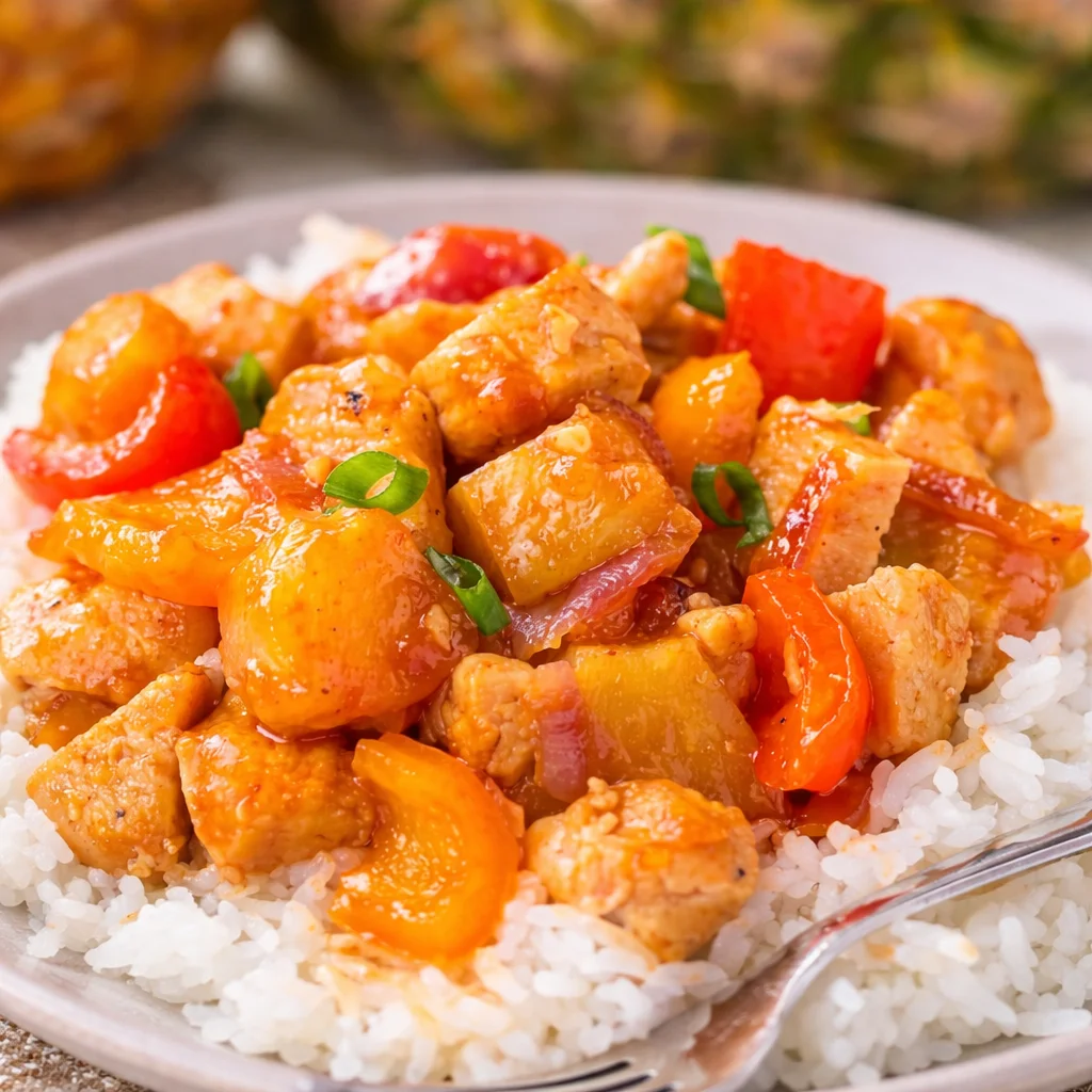 Delicious Hawaiian Chicken with pineapple and peppers over white rice.