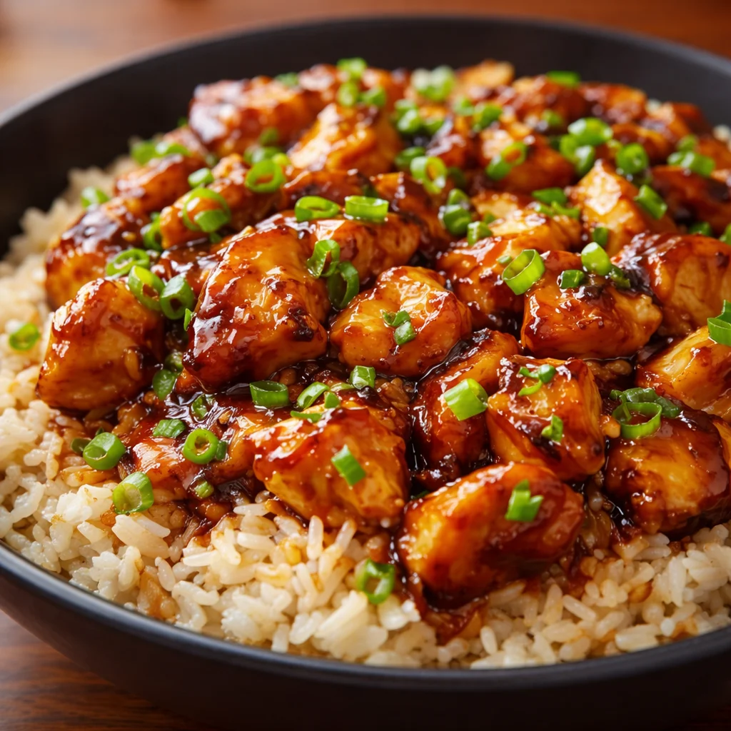 Delicious Honey BBQ Chicken Rice bowl topped with veggies and smoky sauce.