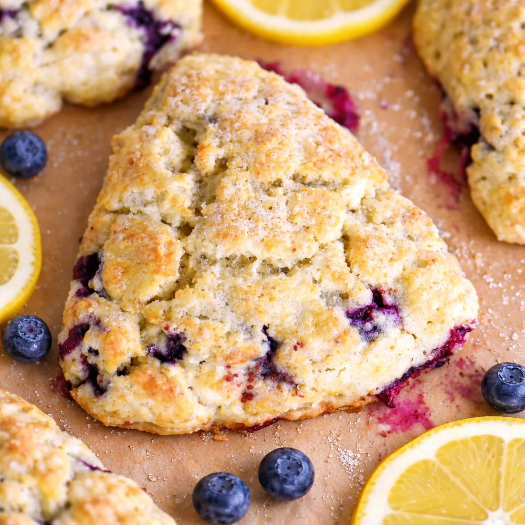 Freshly baked Lemon Blueberry Scones topped with lemon glaze and bursting with blueberries