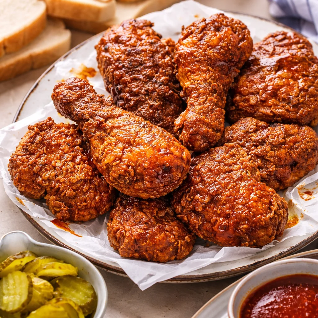 Delicious Nashville Hot Chicken served with pickles on Texas bread.