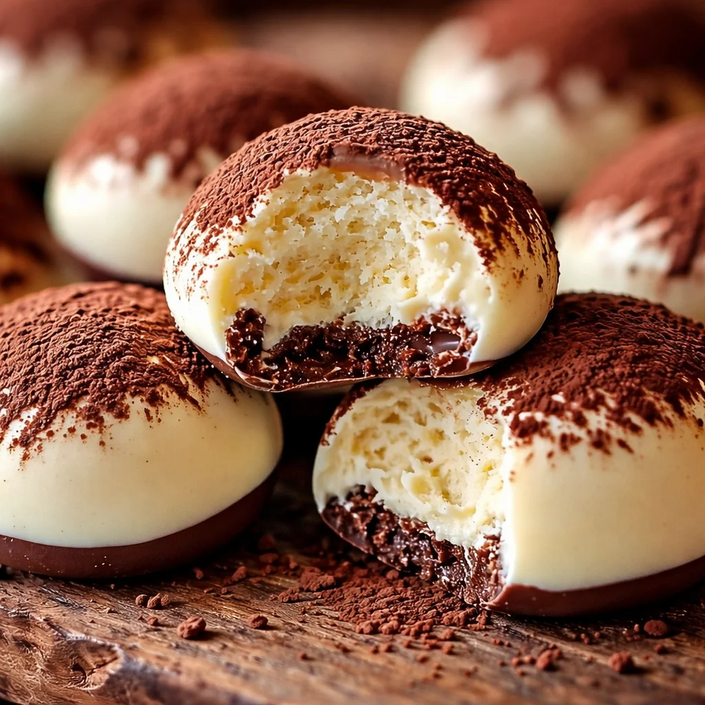 Delicious No-Bake Espresso-Kissed Tiramisu Truffles dusted with cocoa powder.