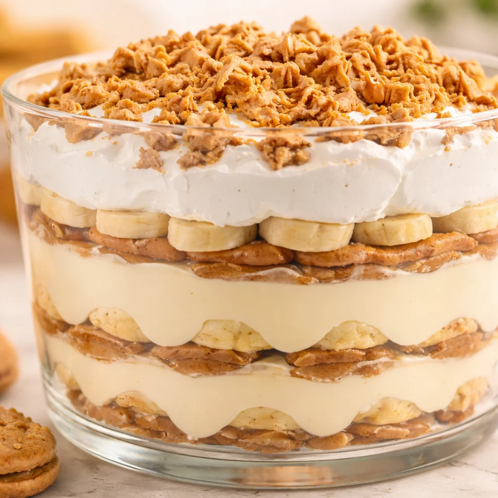 Delicious Nutter Butter Trifle layered with cookies, pudding, and whipped cream