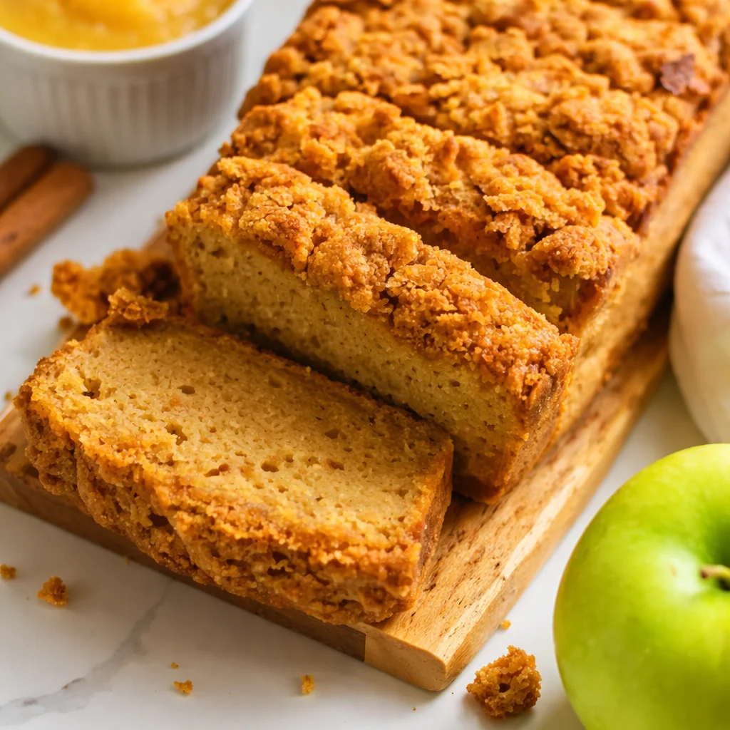 Moist old-fashioned applesauce bread with warm spices and a crumb topping.