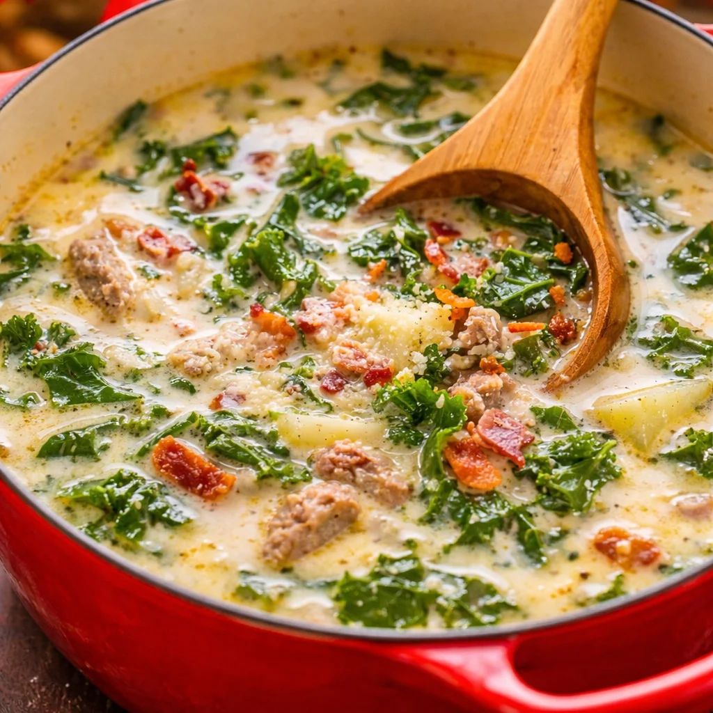 Creamy Olive Garden Zuppa Toscana Soup with sausage, potatoes, and kale.