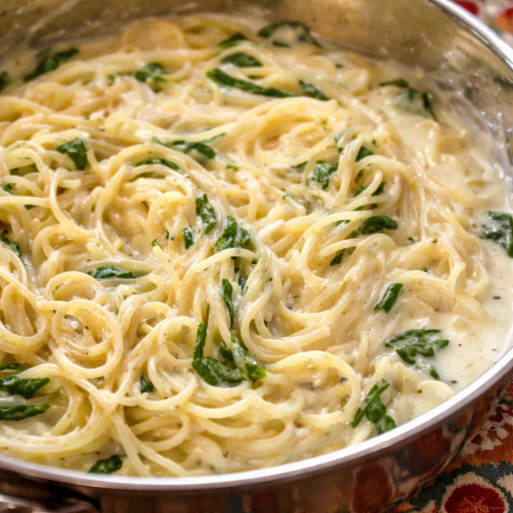 Delicious One Pot Creamy Garlic Pasta with garlic, cream, and Parmesan cheese.