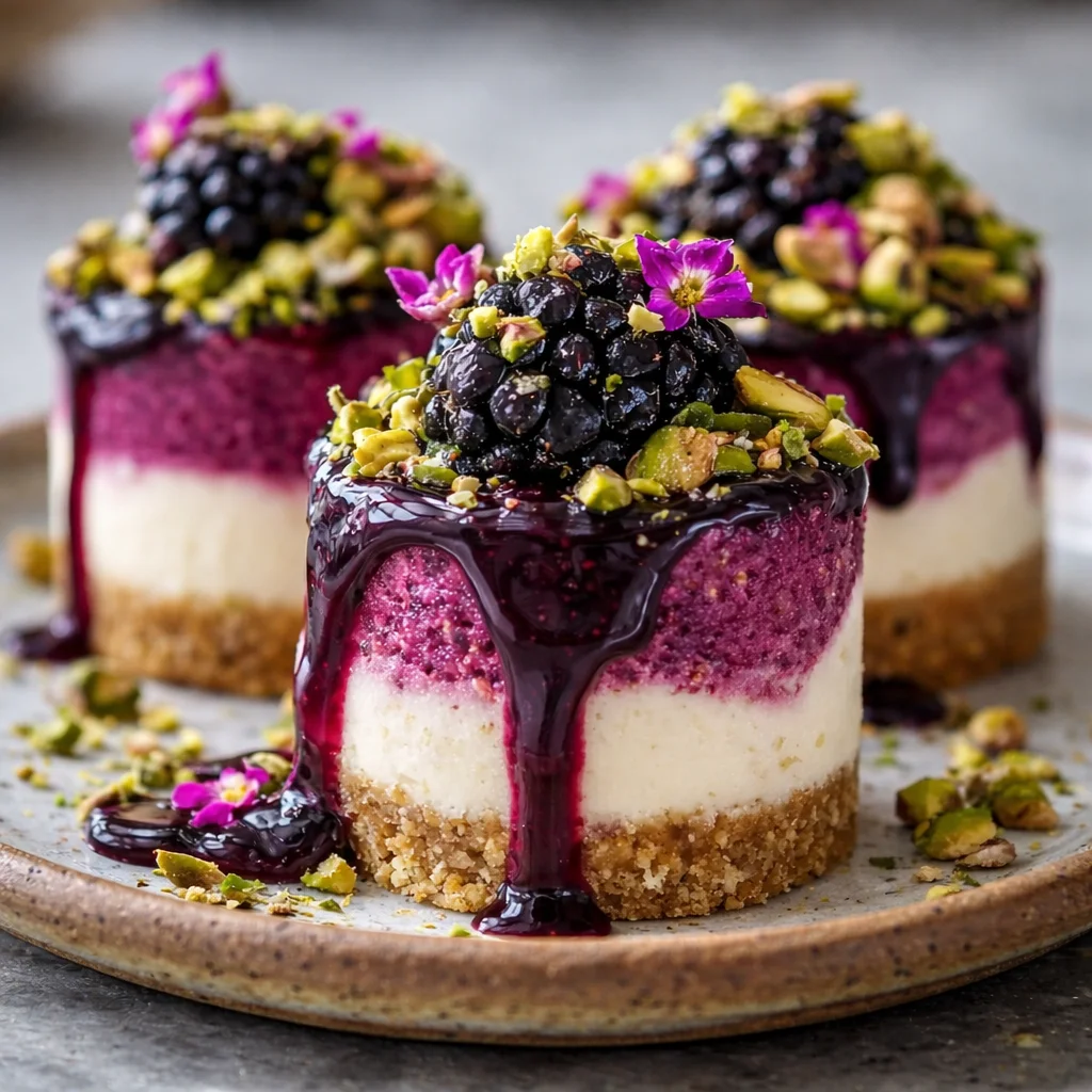 Stunning Pistachio and Blackberry Cheesecake Towers displayed on a white plate.