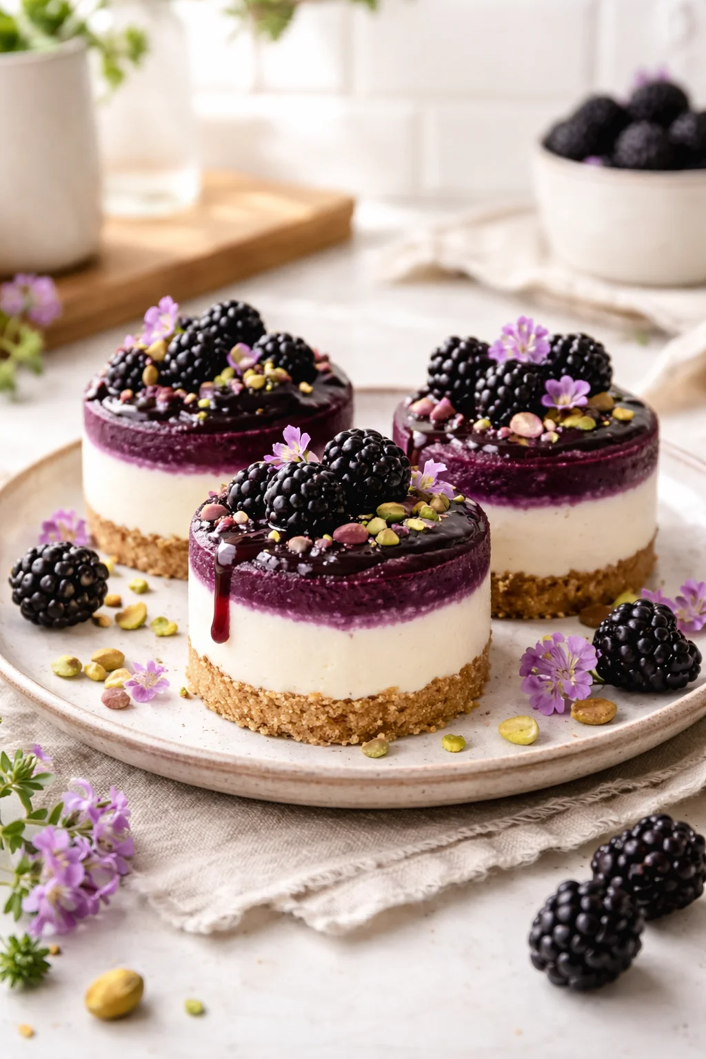 Pistachio and Blackberry Cheesecake Towers