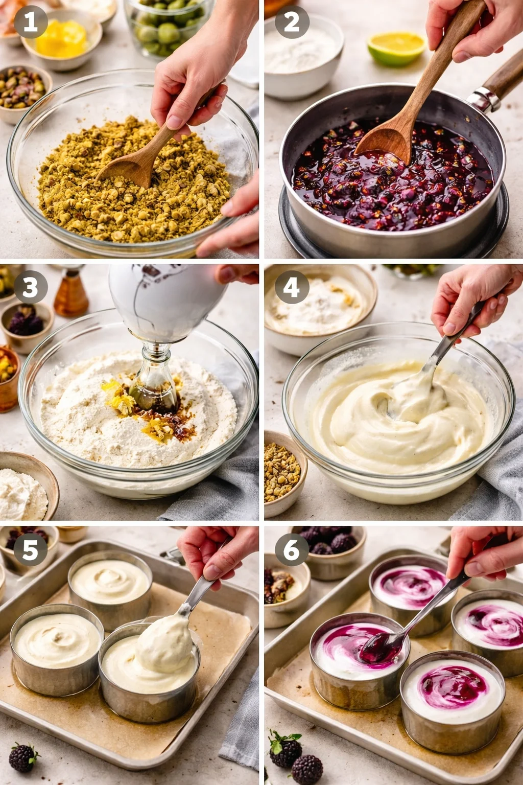 Pistachio and Blackberry Cheesecake Towers