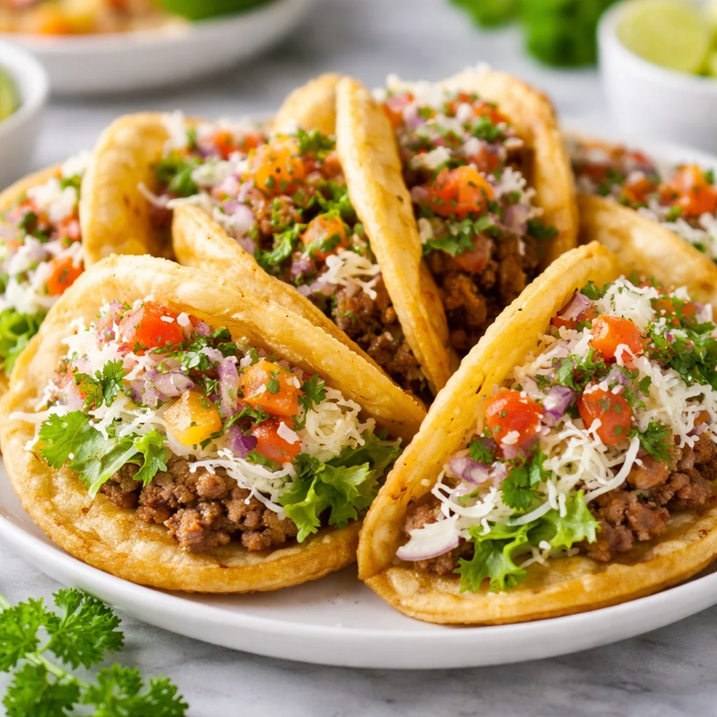 Delicious San Antonio-style Puffy Tacos filled with ground beef and fresh toppings.