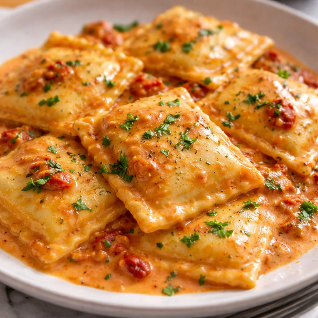 Delicious Ravioli with Sun Dried Tomato Cream Sauce garnished with fresh basil.