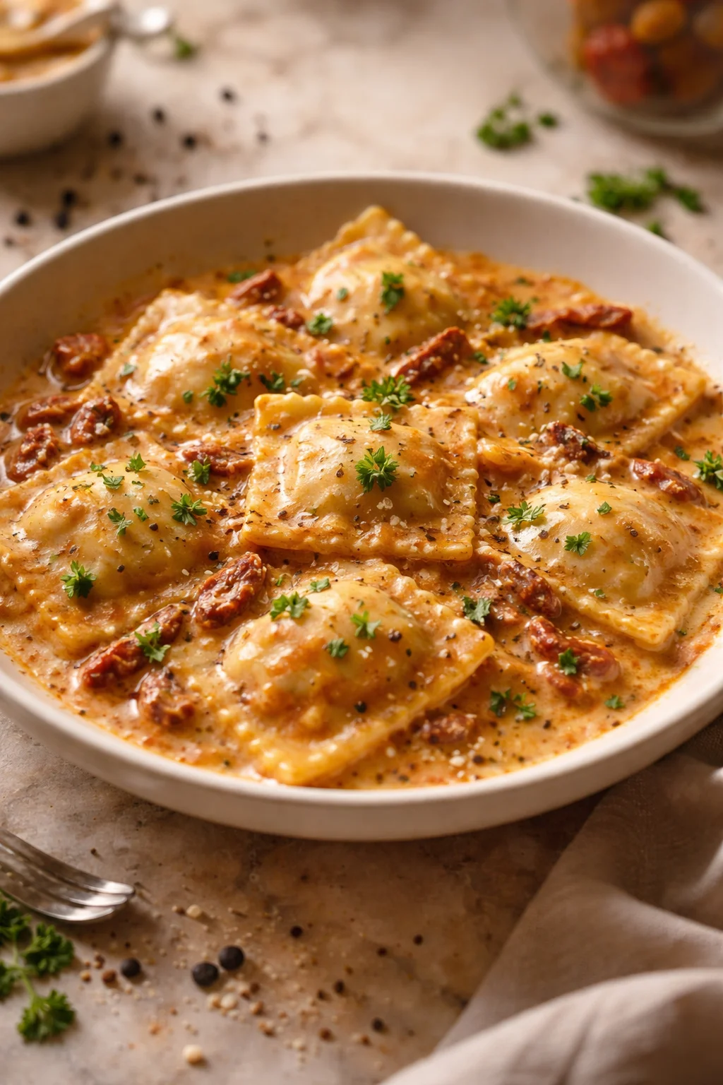 Ravioli with Sun Dried Tomato Cream Sauce