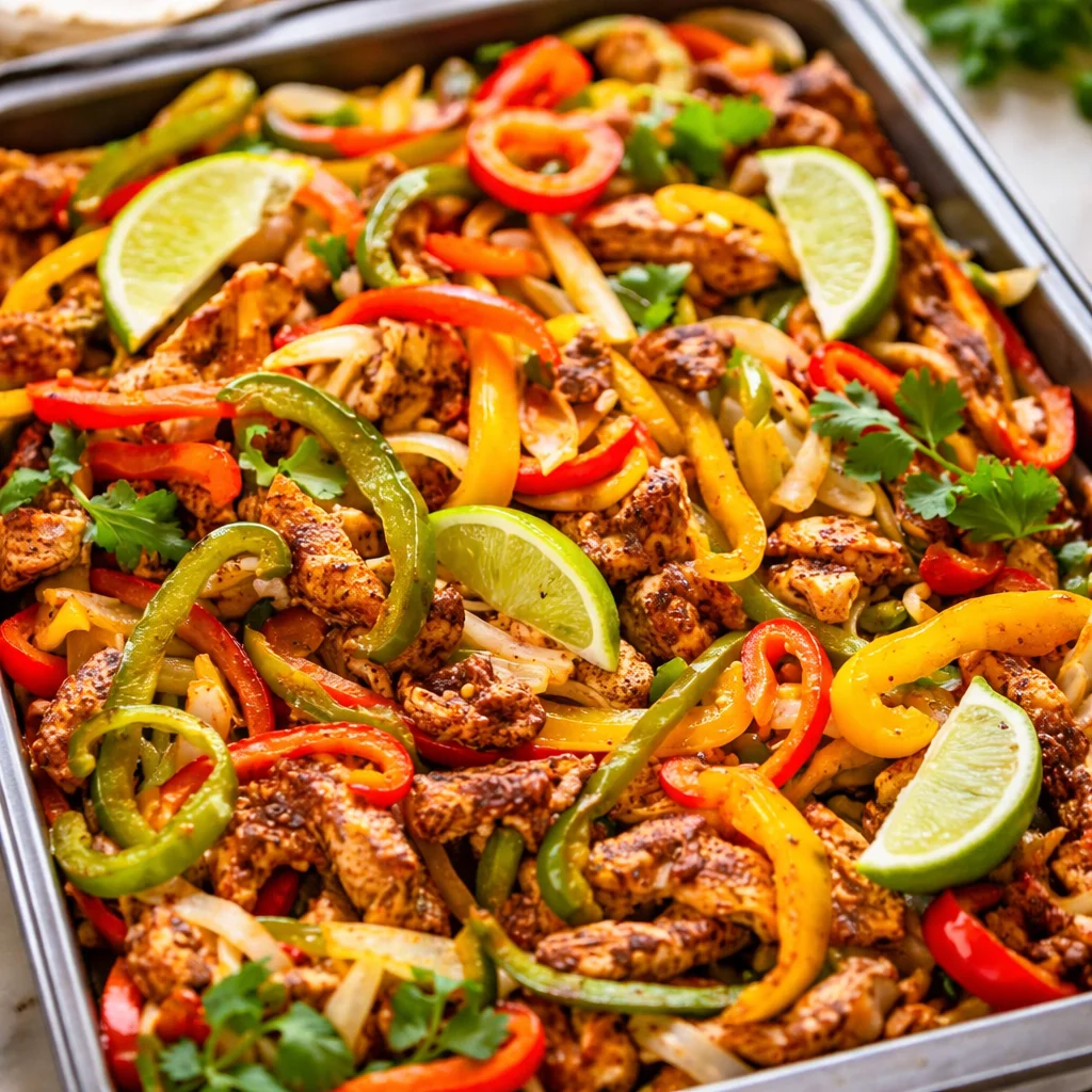 Easy Sheet Pan Chicken Fajitas with chicken, peppers, and onions cooked on a baking sheet.
