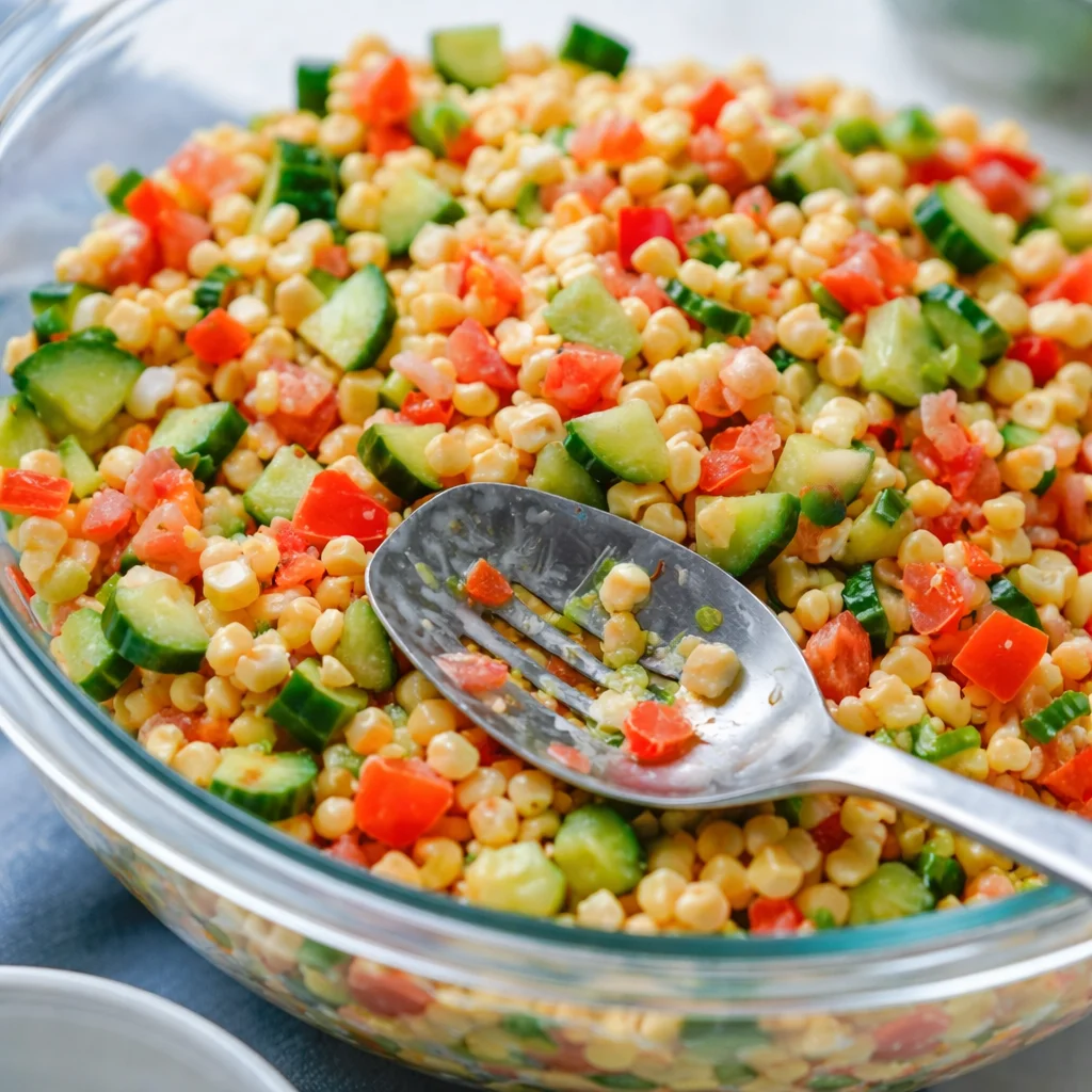 Delicious Shoepeg Salad featuring white shoepeg corn, green beans, and a tangy dressing.