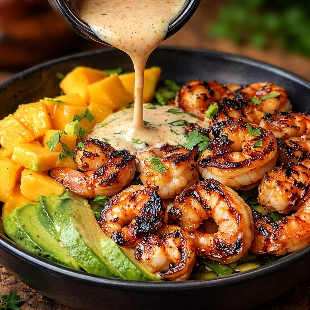 Delicious shrimp and avocado bowls topped with mango salsa and lime-chili sauce.