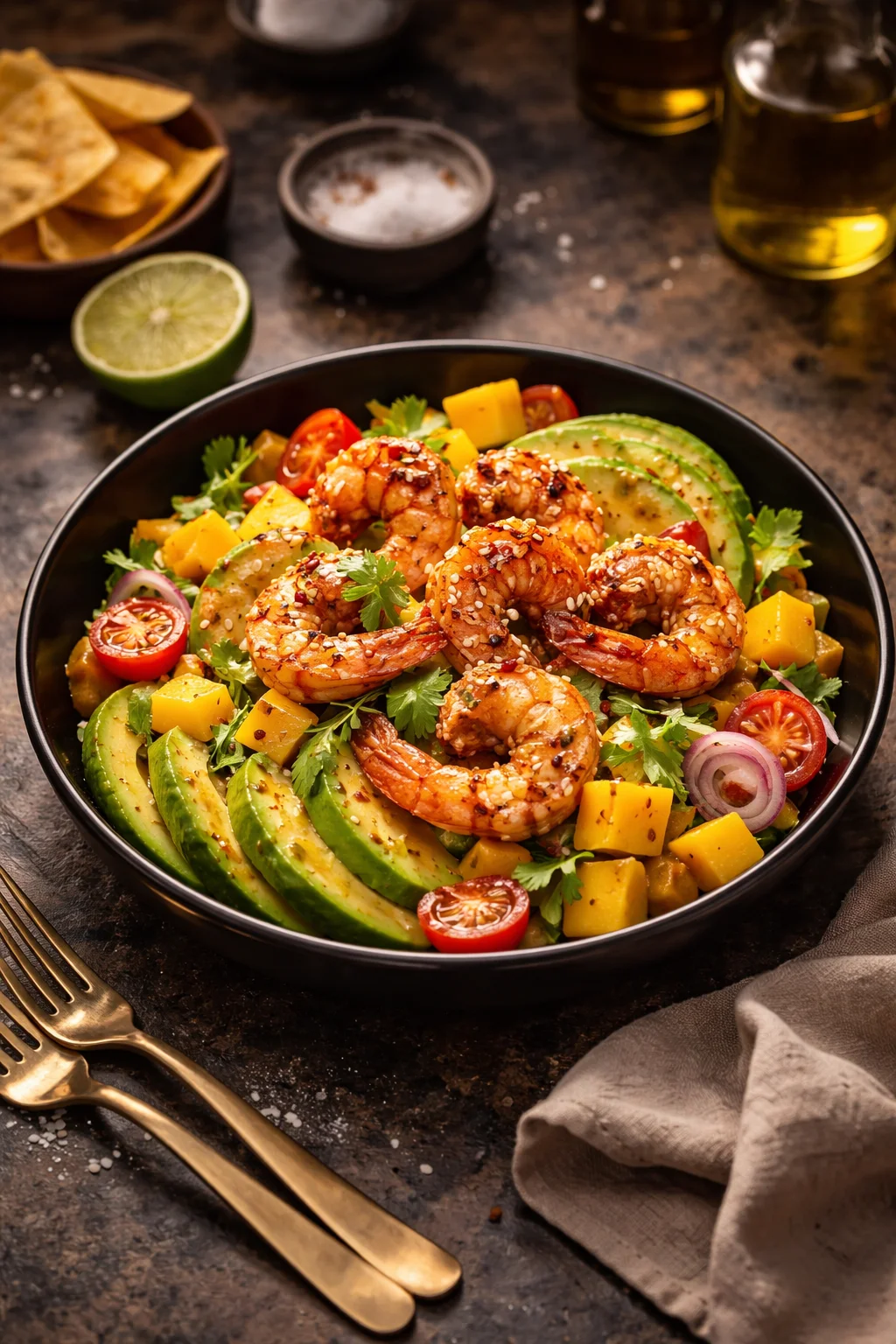 Shrimp and Avocado Bowls with Mango Salsa & Lime-Chili Sauce