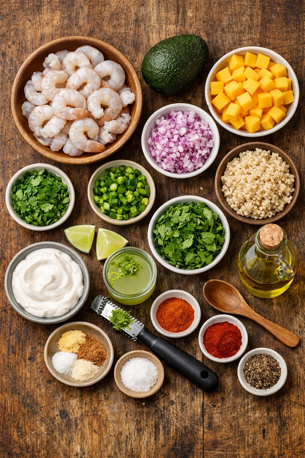 Shrimp and Avocado Bowls with Mango Salsa & Lime-Chili Sauce