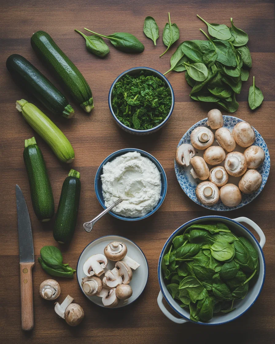 Spinach, Mushroom, and Ricotta Stuffed Zucchini Boats