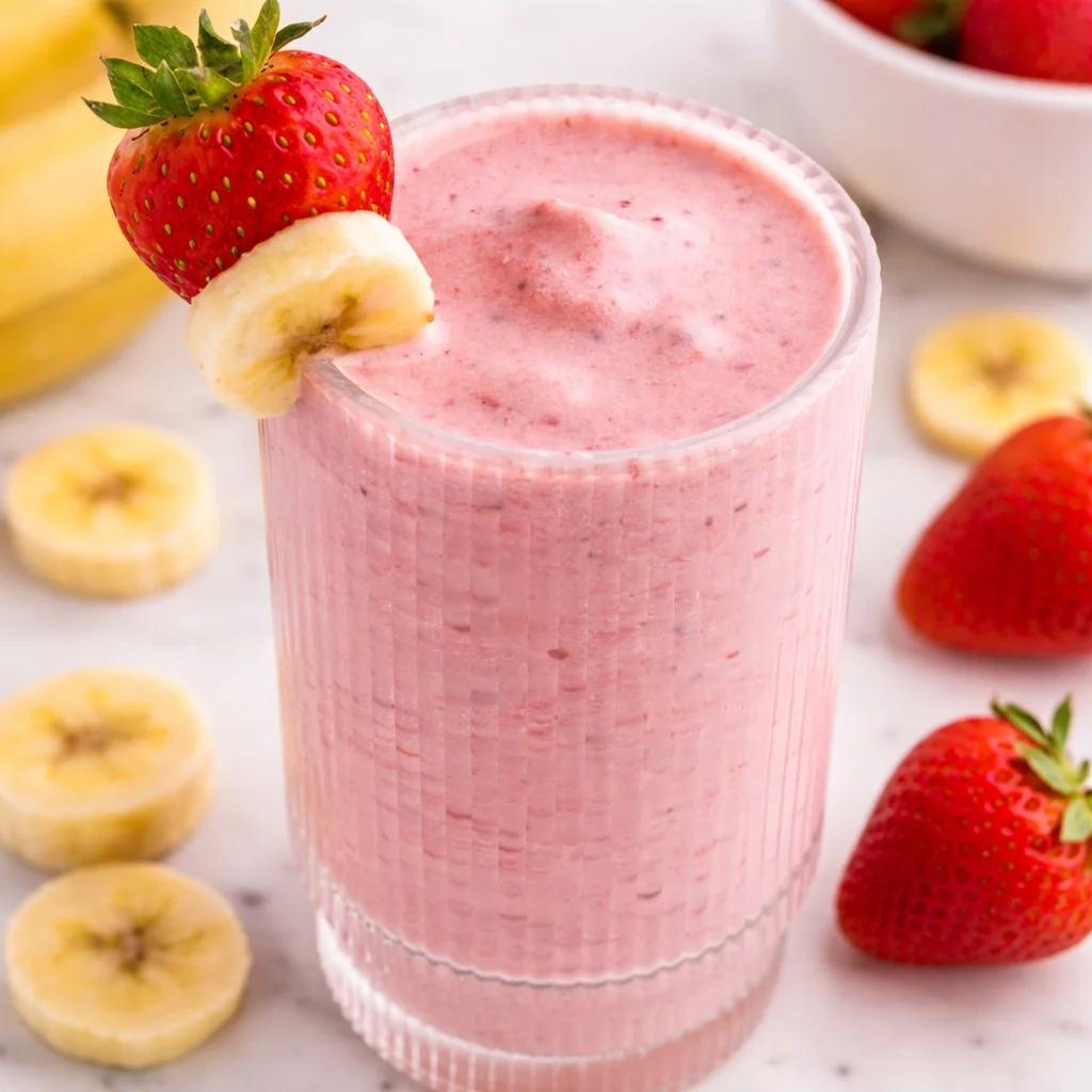 Refreshing Strawberry Banana Smoothie made with strawberries, banana, and yogurt.