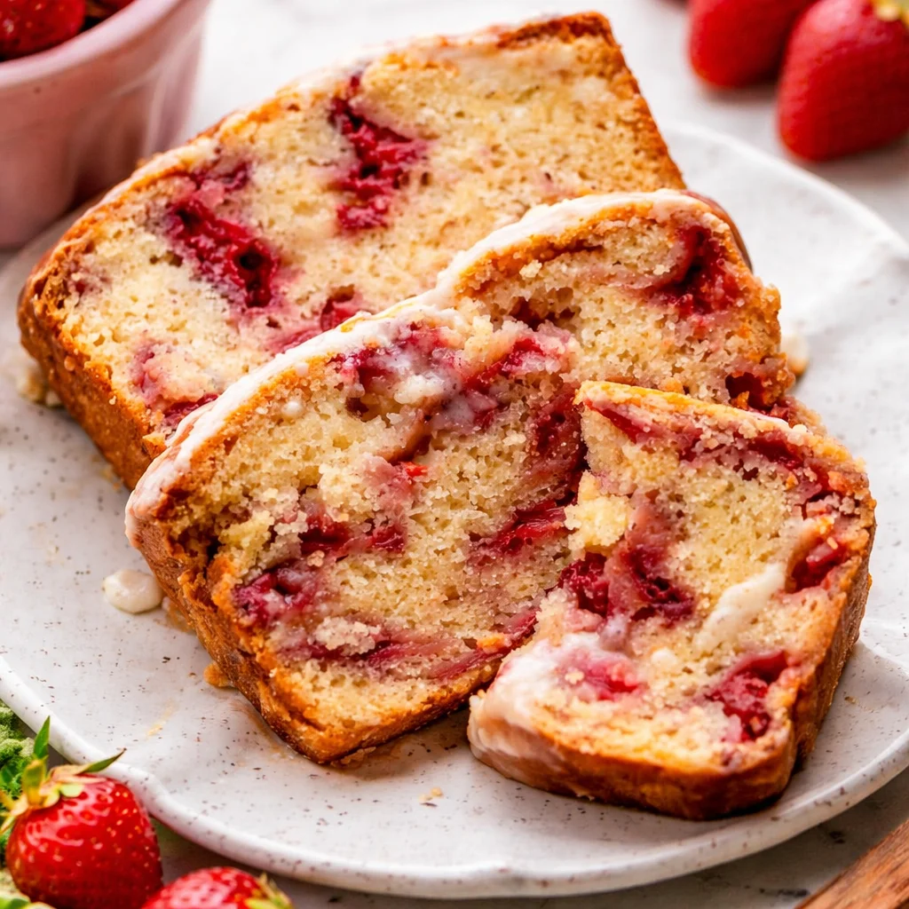 Moist Strawberry Swirl Loaf with beautiful strawberry swirls and a glazed finish.