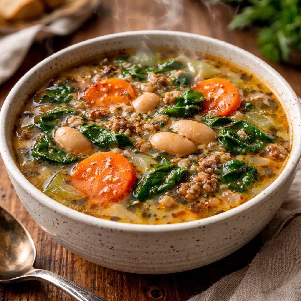Bowl of hearty Tuscan White Bean Soup with fresh herbs and vegetables