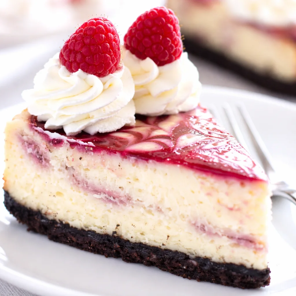 Slice of rich White Chocolate Raspberry Cheesecake with raspberry swirl and cookie crust