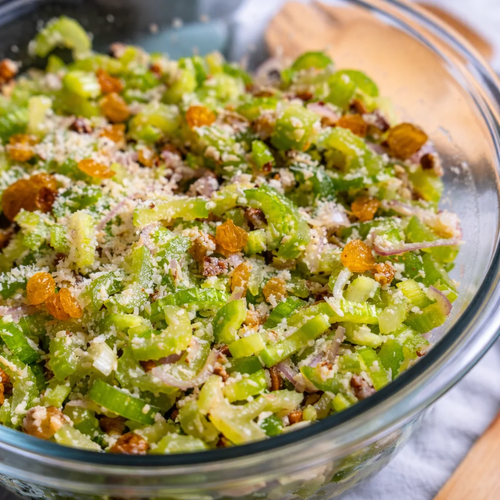 Woodward Celery Salad featuring celery, dates, feta cheese, and nuts in a bowl