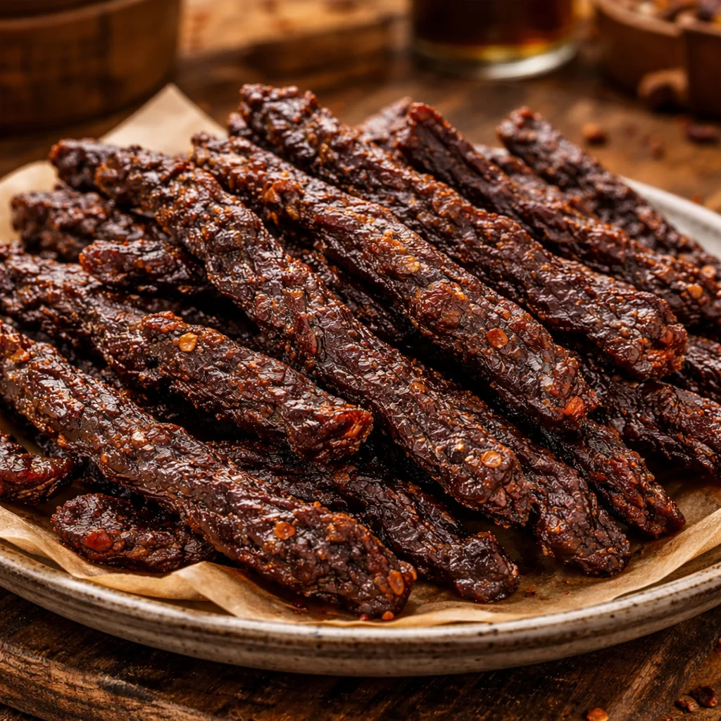 Homemade Air Fryer Beef Jerky ready to enjoy as a flavorful snack.