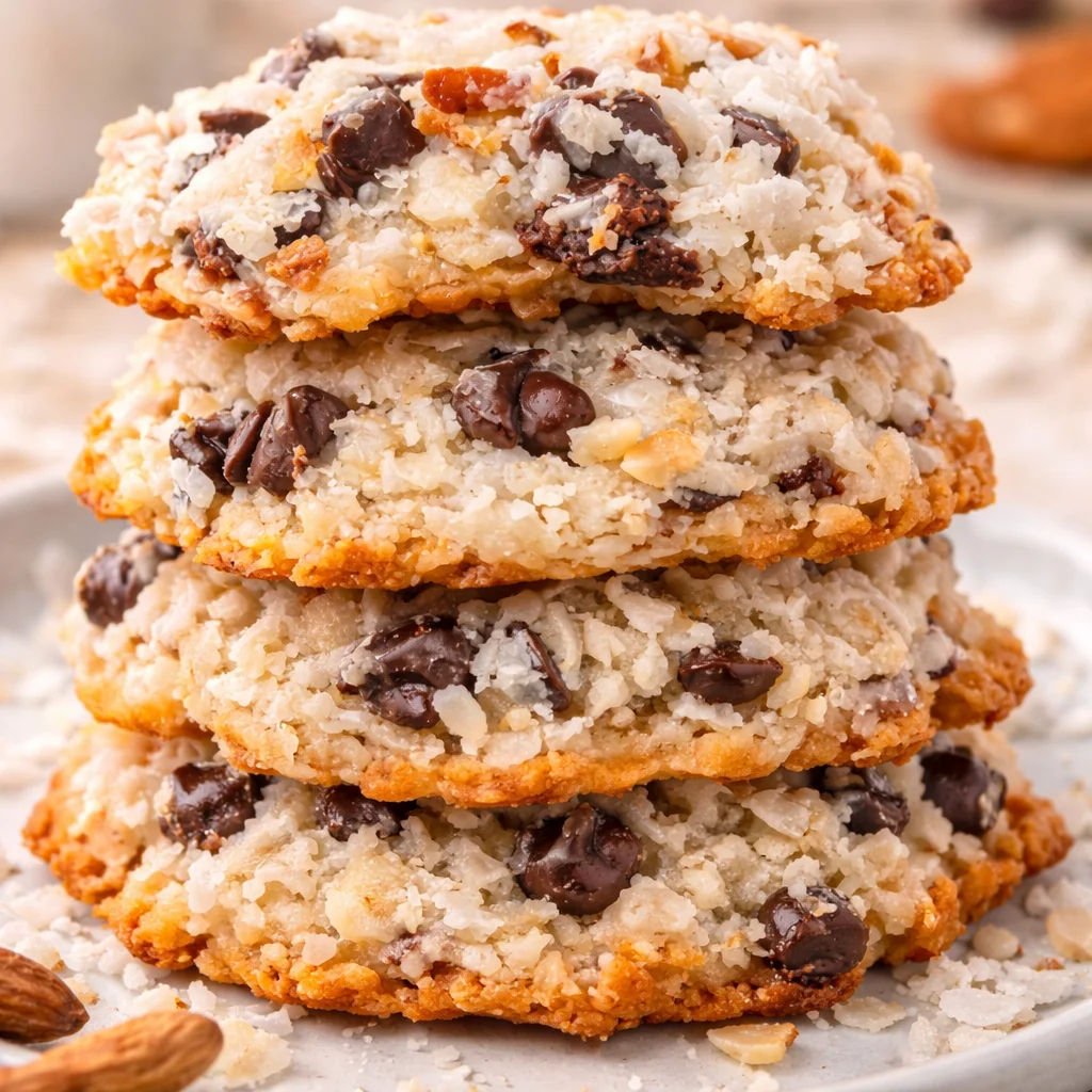Delicious Almond Joy Cookies made with coconut, chocolate, and almonds.