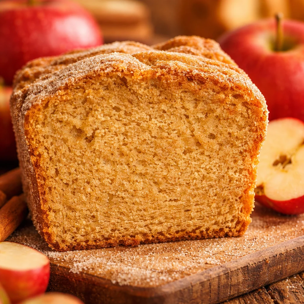 Loaf of moist Apple Cider Donut Bread with cinnamon-sugar topping