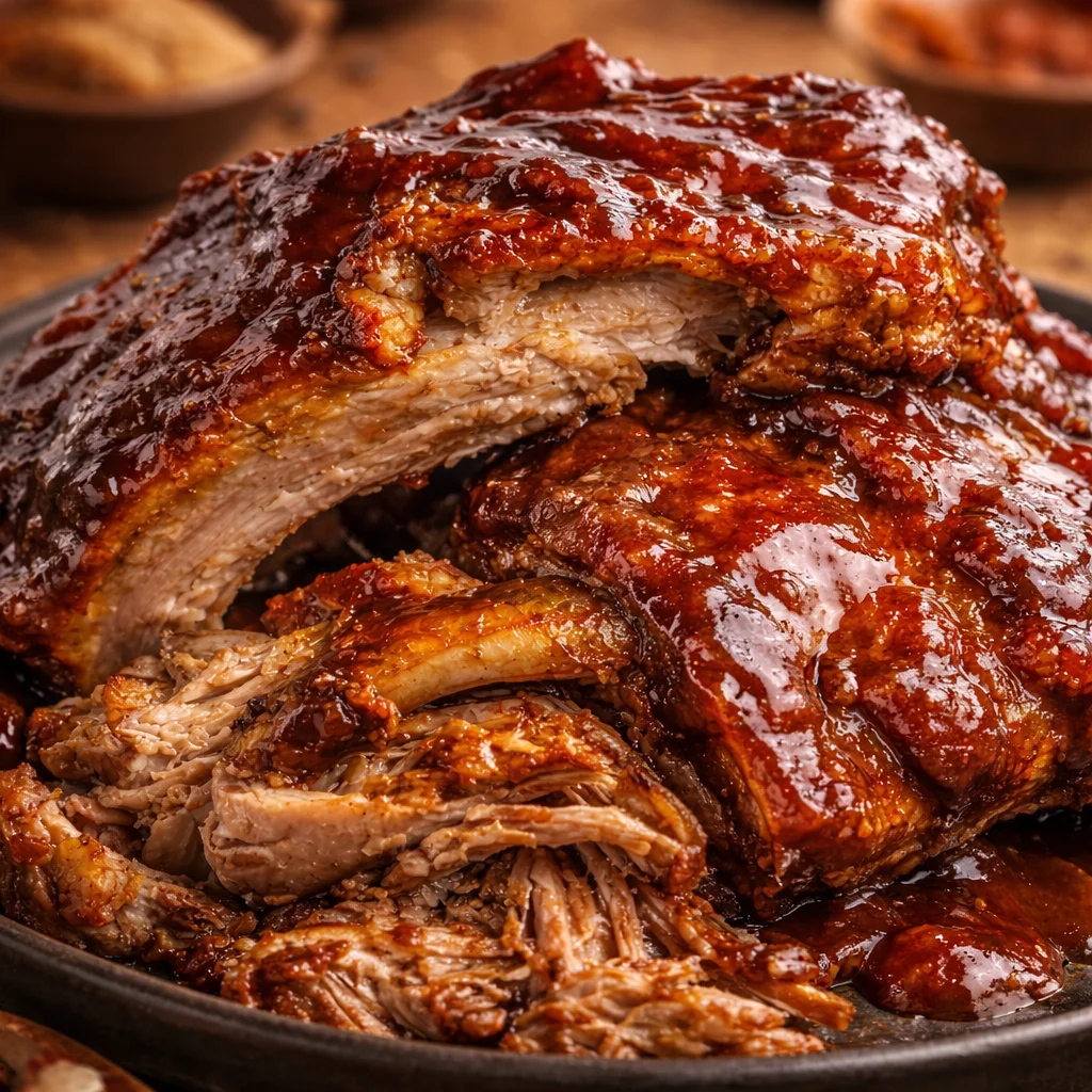 Delicious oven-baked baby back ribs glazed with barbecue sauce.