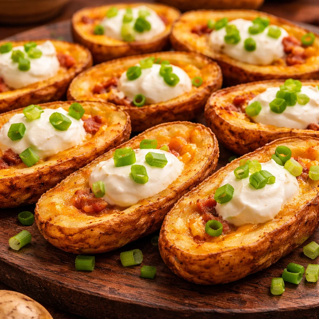 Crispy oven-baked potato skins topped with cheese and bacon served as appetizers.