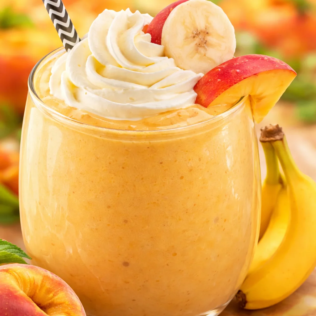 Cold and creamy banana peach smoothie with fresh fruit and yogurt