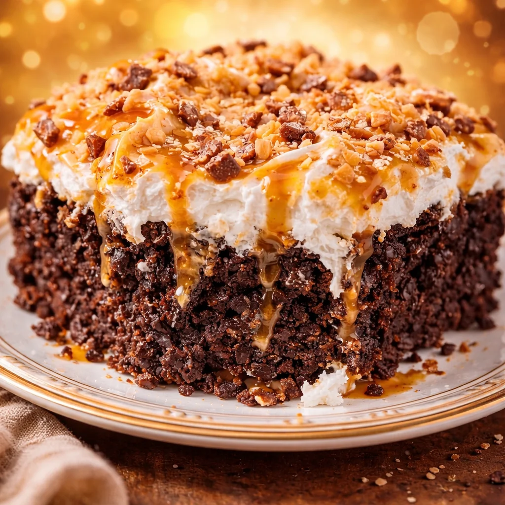 Better Than Sex Cake with layers of chocolate cake, caramel sauce, and whipped cream