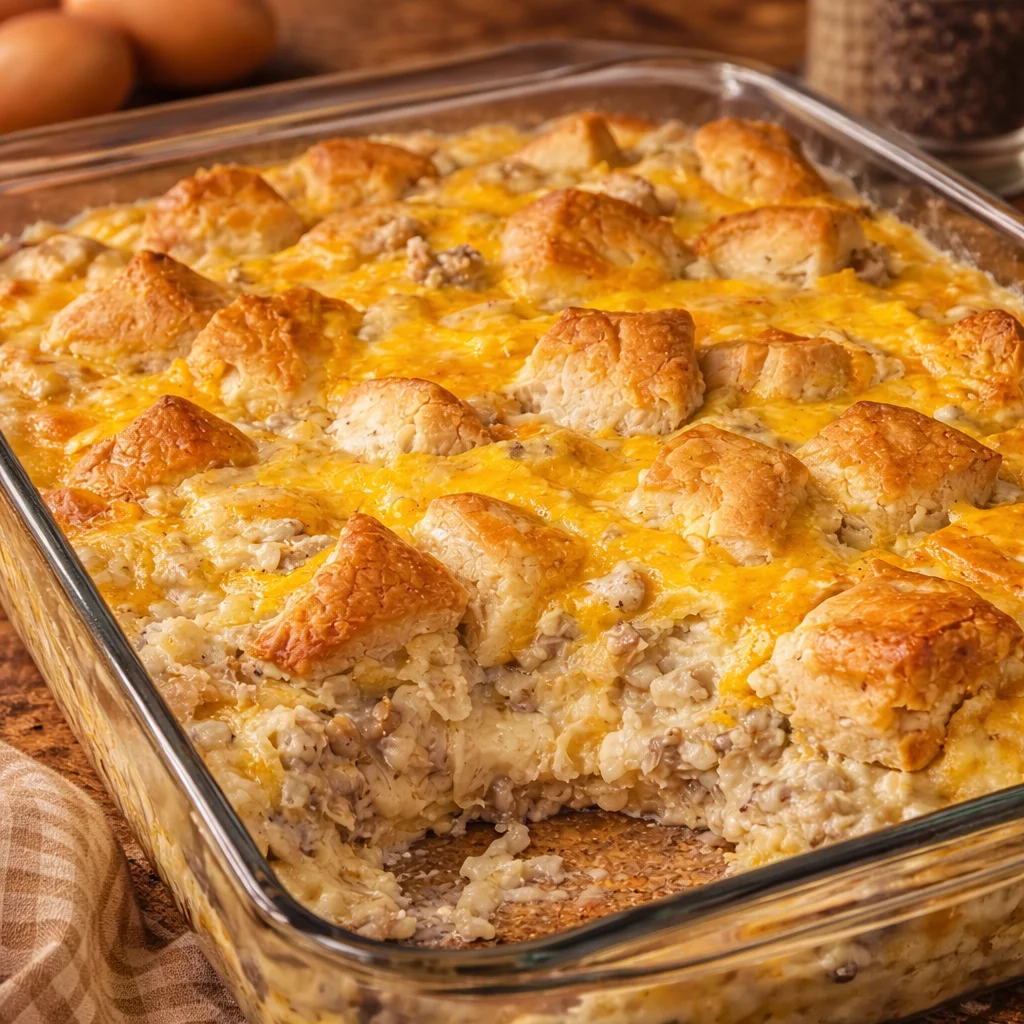 Hearty Biscuits & Gravy Casserole with sausage, eggs, and cheese baked to perfection.