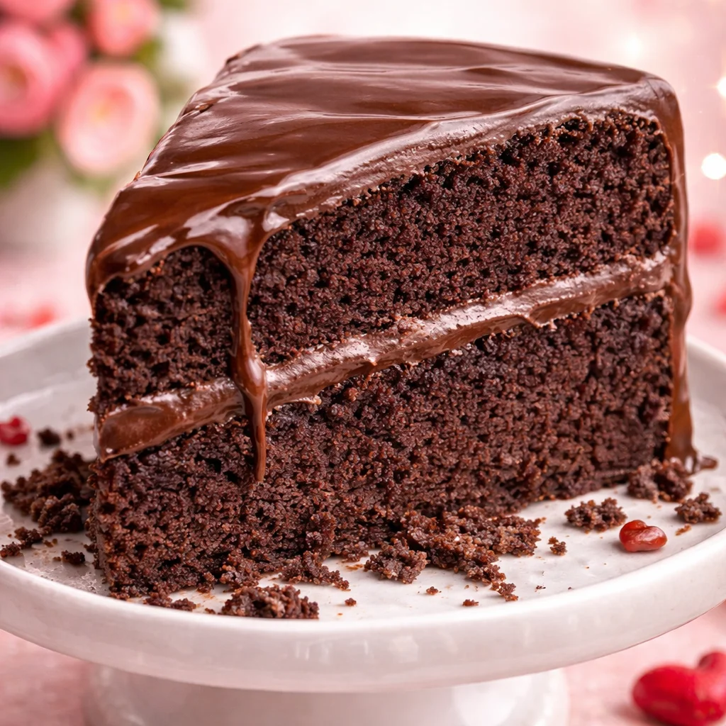 Slice of Black Magic Cake topped with chocolate ganache and whipped cream
