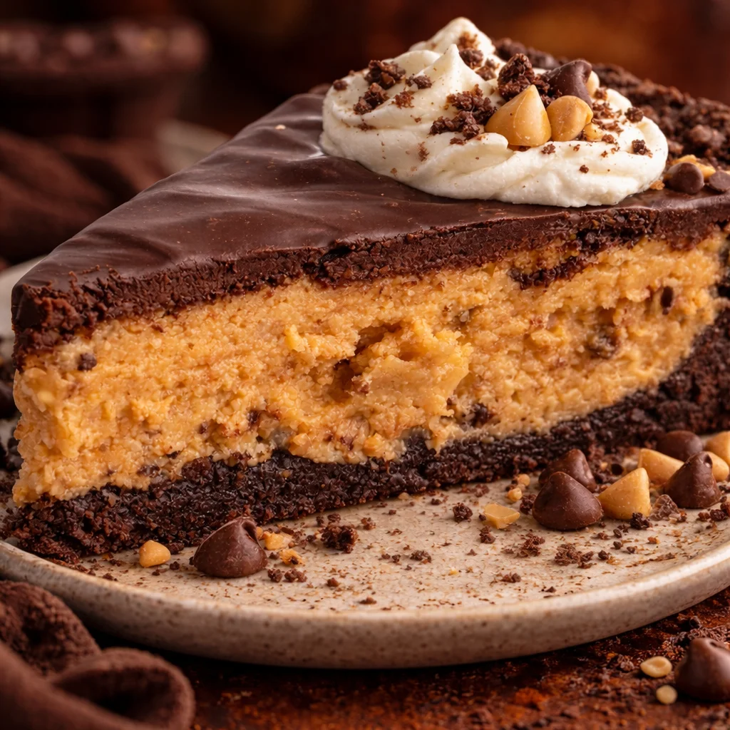 Delicious Buckeye Pie topped with chocolate and creamy peanut butter filling.