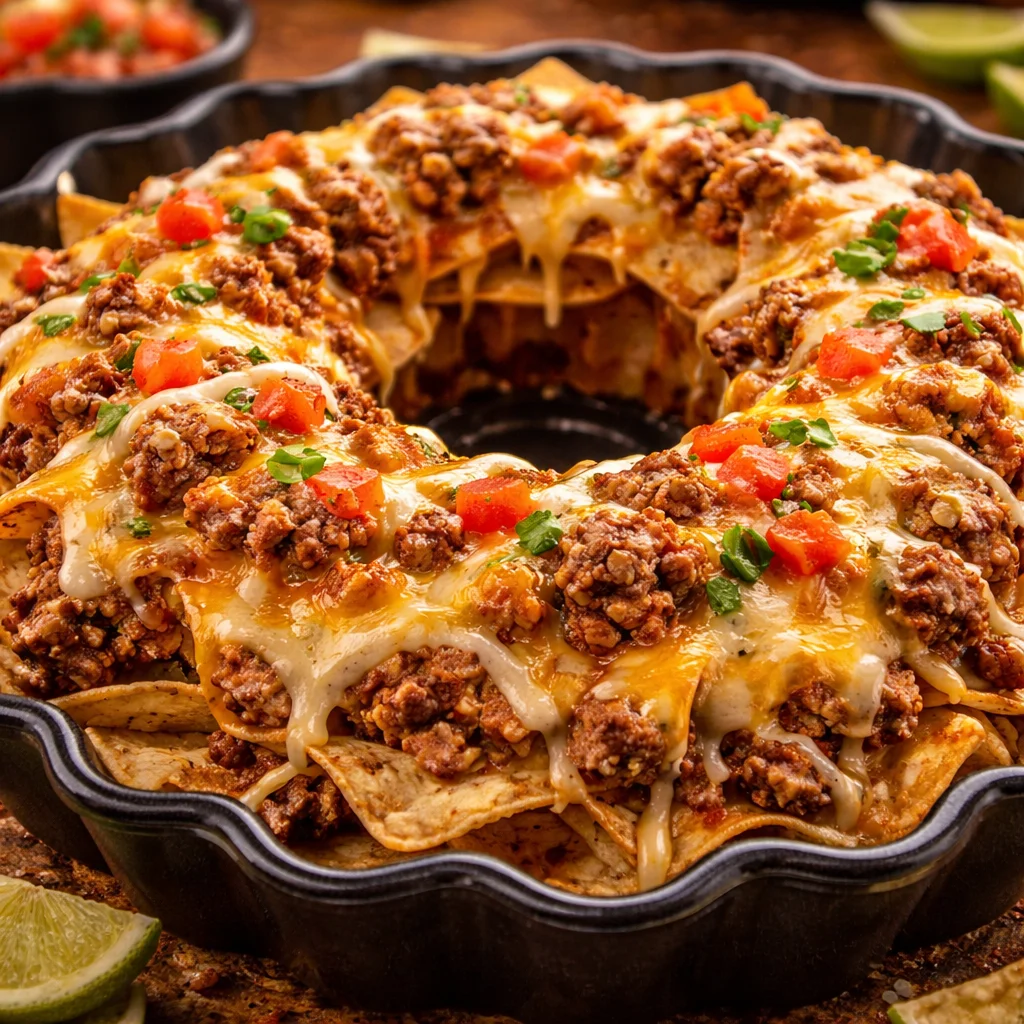 Delicious Bundt Pan Nachos loaded with cheese, beef, and tortilla chips.